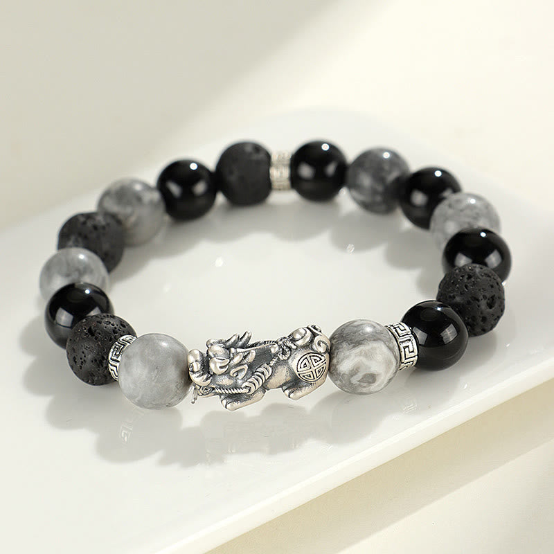 Buddhist Blessing 999 Sterling Silver PiXiu Black Onyx Grey Jasper Lava Rock Protection Bracelet