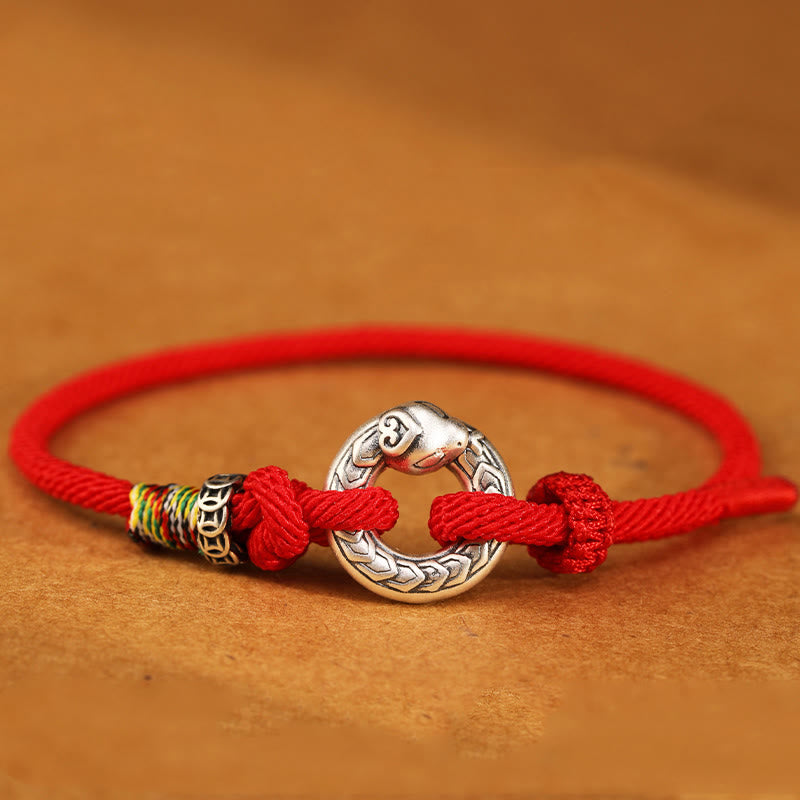 Buddhist Blessing Red String 999 Sterling Silver Peace Buckle Coin Year of the Snake Strength Bracelet