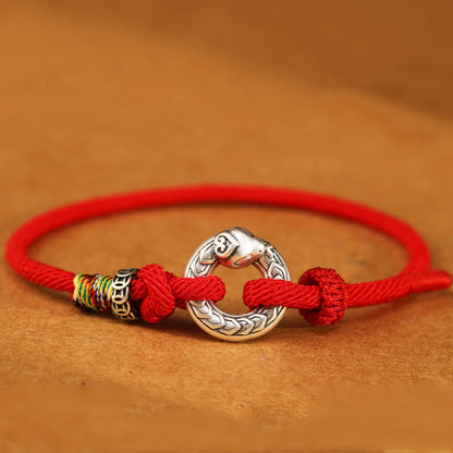 Buddhist Blessing Red String 999 Sterling Silver Peace Buckle Coin Year of the Snake Strength Bracelet