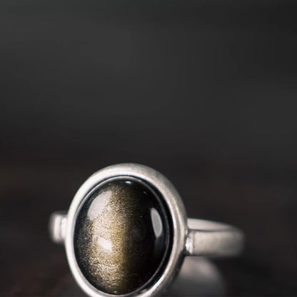 Buddhist Blessing Natural 925 Sterling Silver Gold Sheen Obsidian Adjustable Wealth Ring