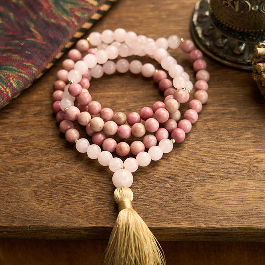 Buddhist Blessing 108 Mala Beads Rhodonite Rose Quartz Tassel Healing Bracelet