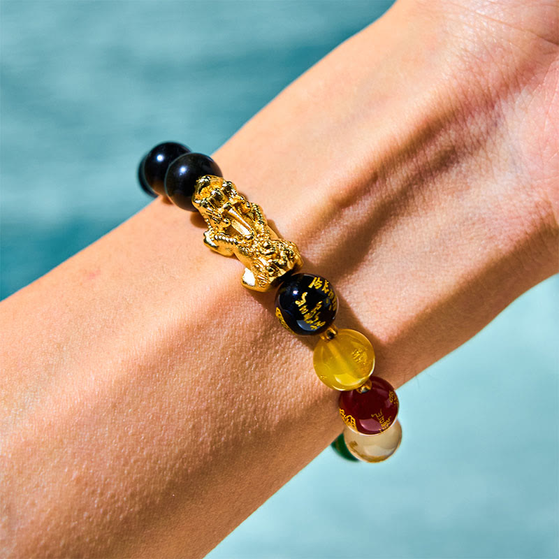 Buddhist Blessing Natural Gold Sheen Obsidian PiXiu Five Directions Gods of Wealth Protection Bracelet