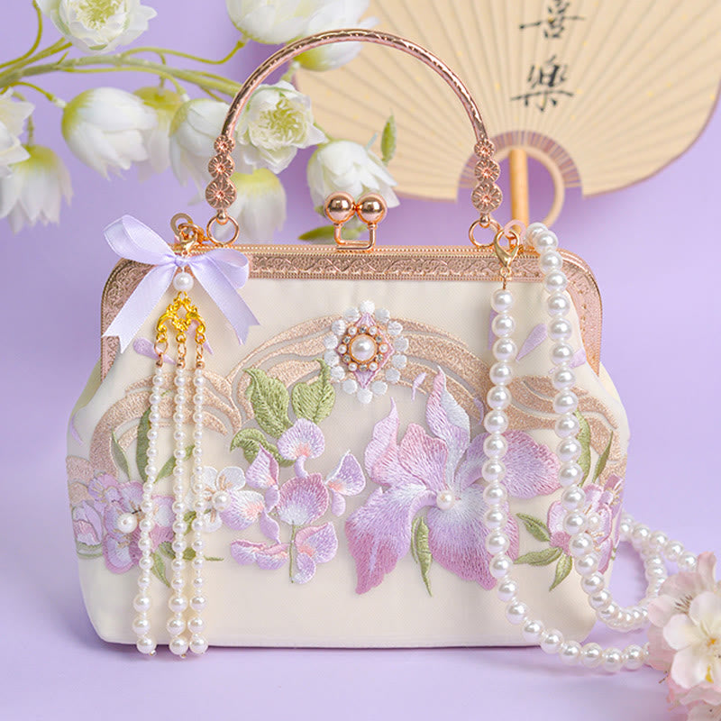 Buddhist Blessing Flowers Embroidered Tassel Pendant Pearl Metal Chain Crossbody Bag Handbags