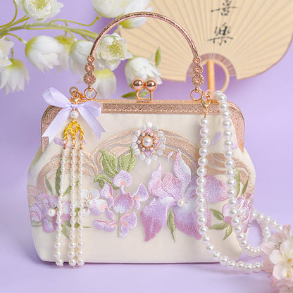 Buddhist Blessing Flowers Embroidered Tassel Pendant Pearl Metal Chain Crossbody Bag Handbags