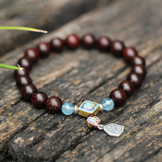 Buddhist Blessing 925 Sterling Silver Indian Small Leaf Red Sandalwood Aquamarine Full of Gold Star Chinese Knotting Blessing Bracelet