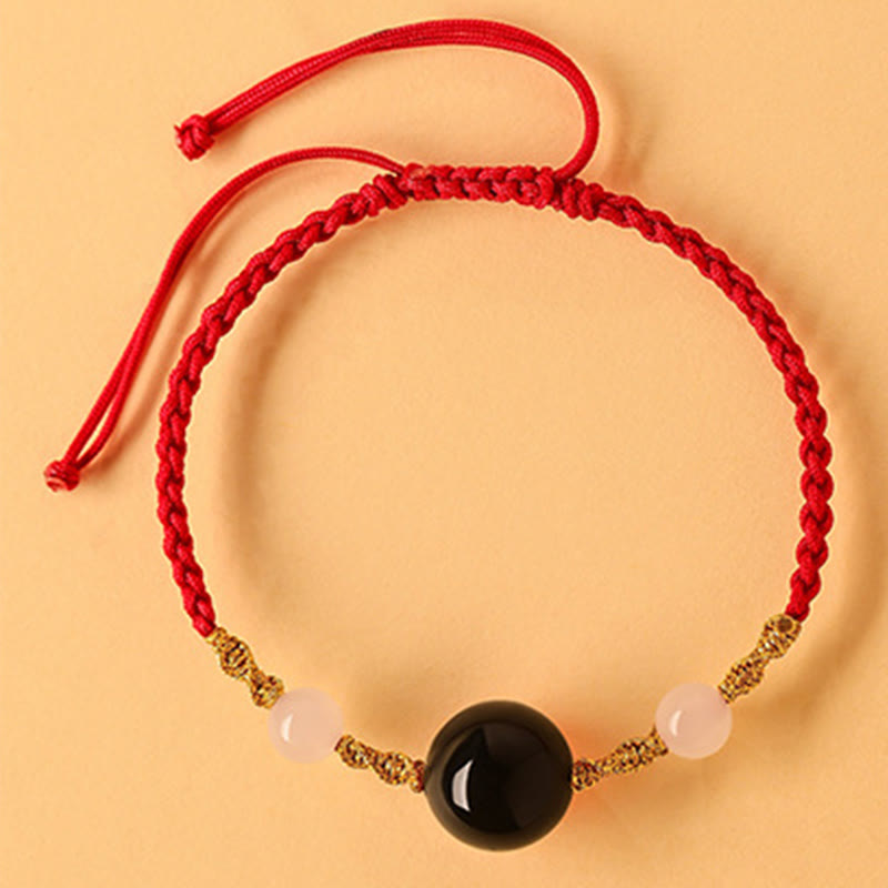 Buddhist Blessing Hetian Jade Black Onyx Red Agate Bead Luck Braided Bracelet