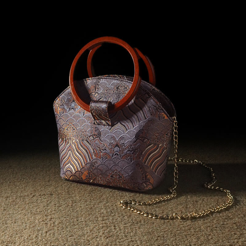 Buddhist Blessing Crane Deer Seawater Wave Wood Handle Metal Chain Change Purse Crossbody Bag Hangbags