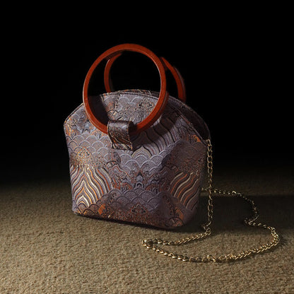 Buddhist Blessing Crane Deer Seawater Wave Wood Handle Metal Chain Change Purse Crossbody Bag Hangbags