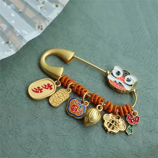 Buddhist Blessing Dancing Lion Lotus Bud Copper Fortune Brooch