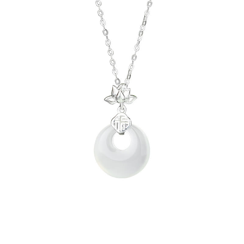 Buddhist Blessing Chalcedony 925 Sterling Silver Lotus Flower Fu Character Peace Buckle Positive Necklace Pendant