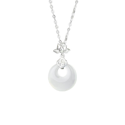 Buddhist Blessing Chalcedony 925 Sterling Silver Lotus Flower Fu Character Peace Buckle Positive Necklace Pendant