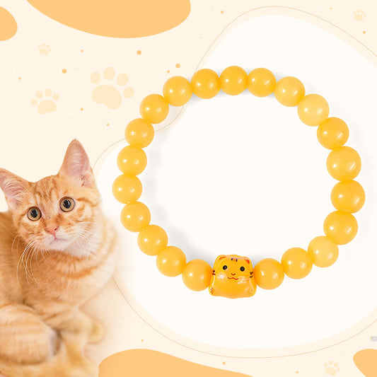 Buddhist Blessing Orange Tabby Cat Yellow Chalcedony Ceramic Kitten Joy Bracelet