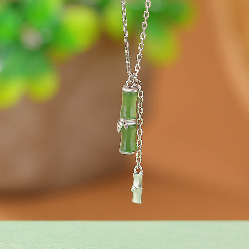 Buddhist Blessing Hetian Jade 925 Sterling Silver Bamboo Abundance Necklace Pendant