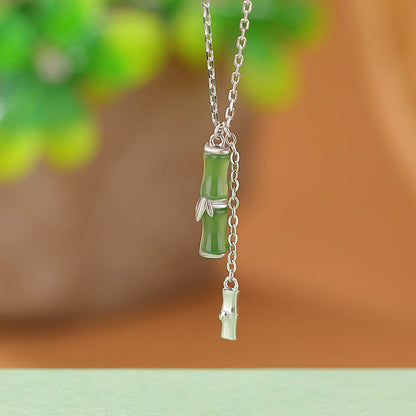 Buddhist Blessing Hetian Jade 925 Sterling Silver Bamboo Abundance Necklace Pendant