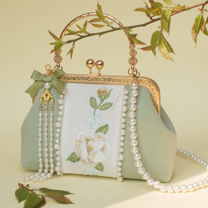 Buddhist Blessing Double-sided Flowers Embroidery Pearl Pendant Metal Chain Crossbody Bag Handbags