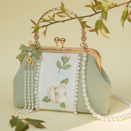 Buddhist Blessing Double-sided Flowers Embroidery Pearl Pendant Metal Chain Crossbody Bag Handbags