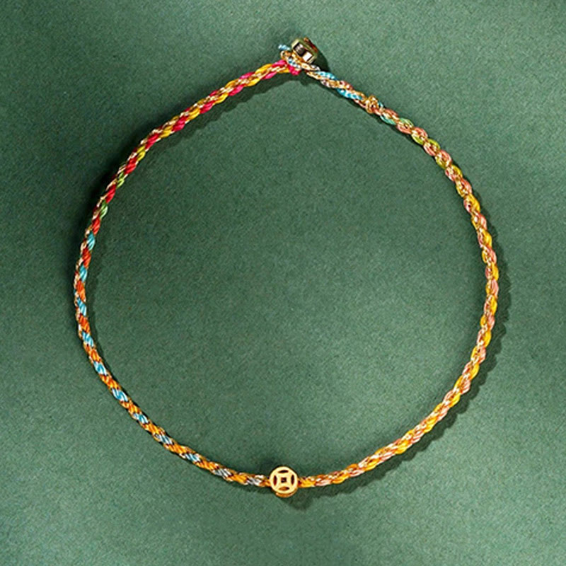 Buddhist Blessing Colorful Rope Luck Coin Bead Abundance Extra Thin Braided Bracelet