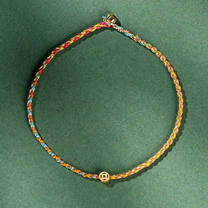 Buddhist Blessing Colorful Rope Luck Coin Bead Abundance Extra Thin Braided Bracelet