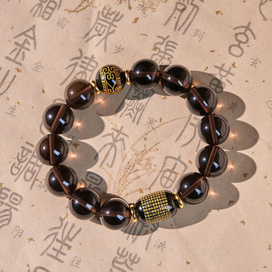 Buddhist Blessing Ice Obsidian Gold-stamped Sanskrit Courage Bracelet