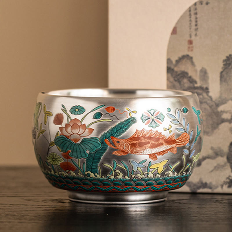 Buddhist Blessing Fish Lotus Seaweed Valley Mountains Pine Tree Dragon Teacup Kung Fu Tea Cup With Gift Box