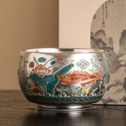 Buddhist Blessing Fish Lotus Seaweed Valley Mountains Pine Tree Dragon Teacup Kung Fu Tea Cup With Gift Box