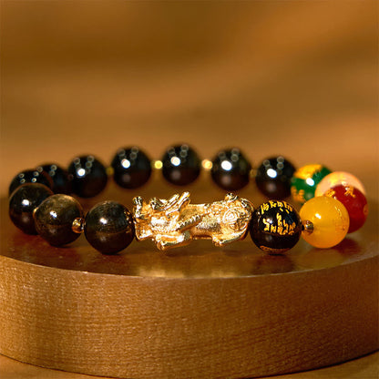 Buddhist Blessing Natural Gold Sheen Obsidian PiXiu Five Directions Gods of Wealth Protection Bracelet