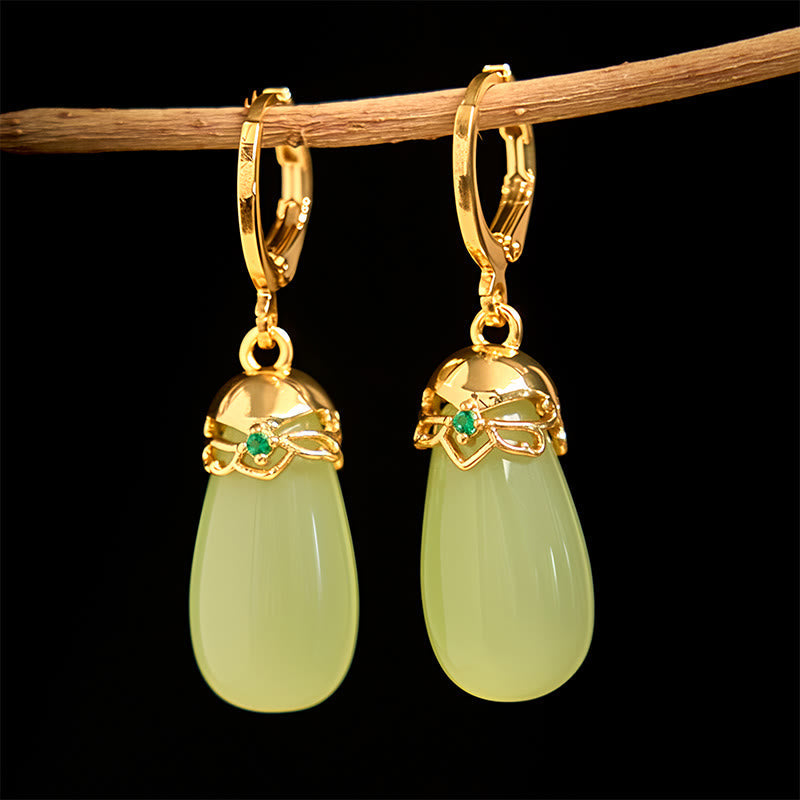 Buddhist Blessing Green Chalcedony Water Drop Strength Copper Posts Earrings