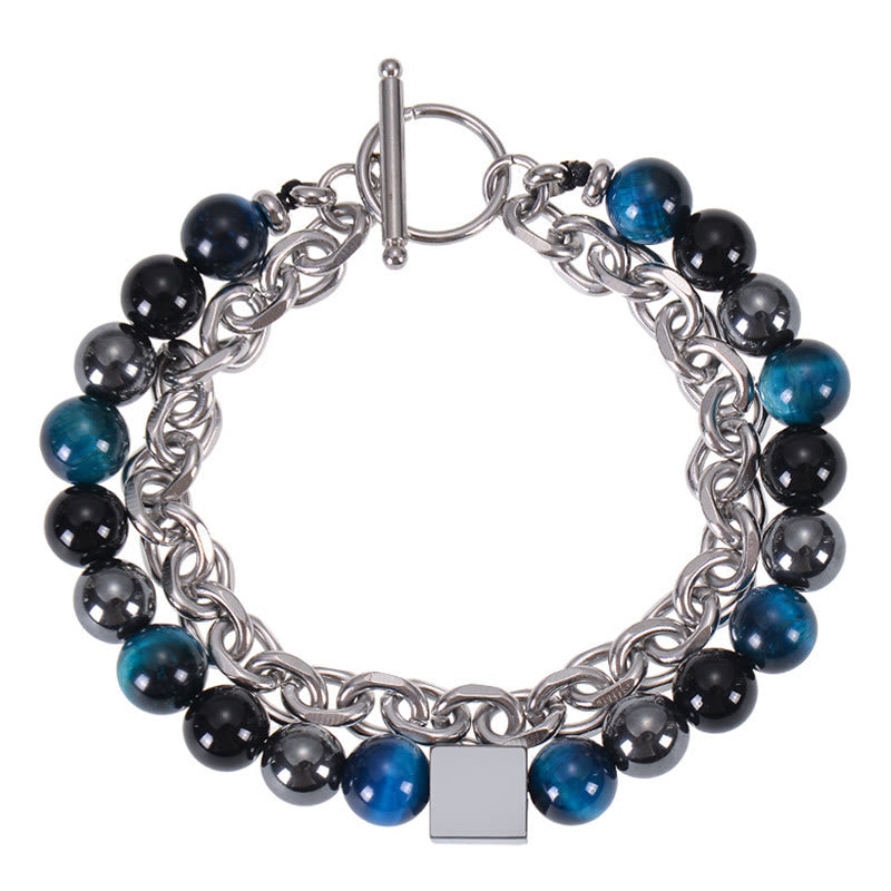 Buddhist Blessing Colorful Tiger Eye Frosted Stone Black Magnetite Titanium Steel Double Wrap Protection Bracelet
