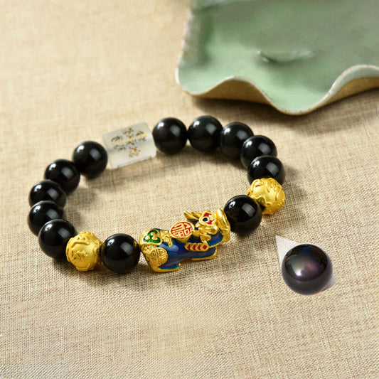 Buddhist Blessing Fengshui Copper Pixiu Rainbow Obsidian Beads Wealth Bracelet