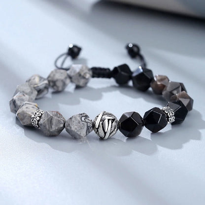 Buddhist Blessing Natural Irregular Cut Obsidian Grey Jasper 925 Sterling Silver Rolled Leaf Bead Protection Bracelet