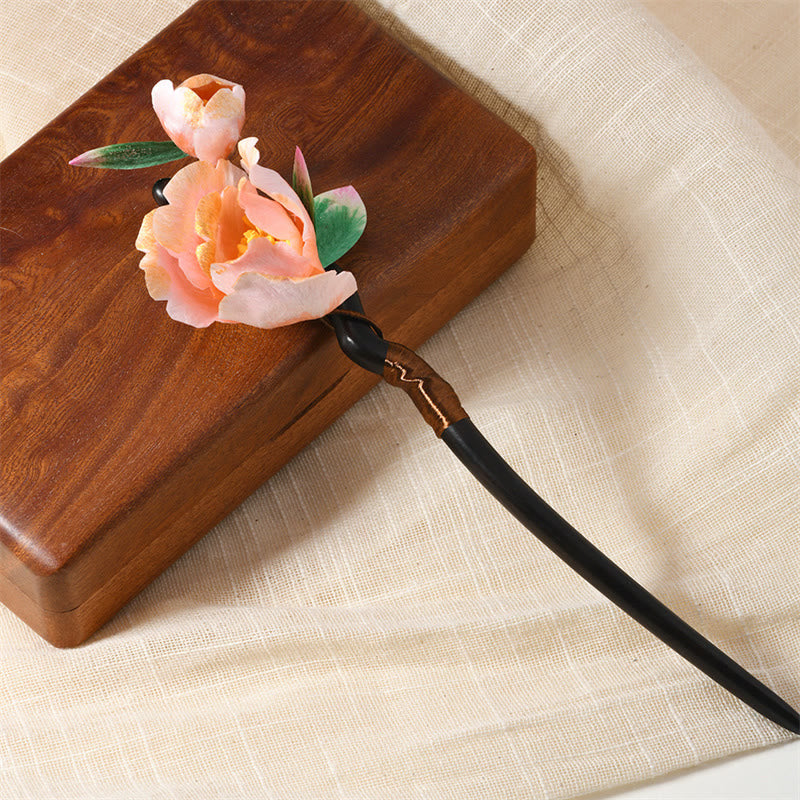 Buddhist Blessing Intangible Cultural Heritage Craft Ebony Wood Silk Flower Butterfly Pearl Blessing Hairpin