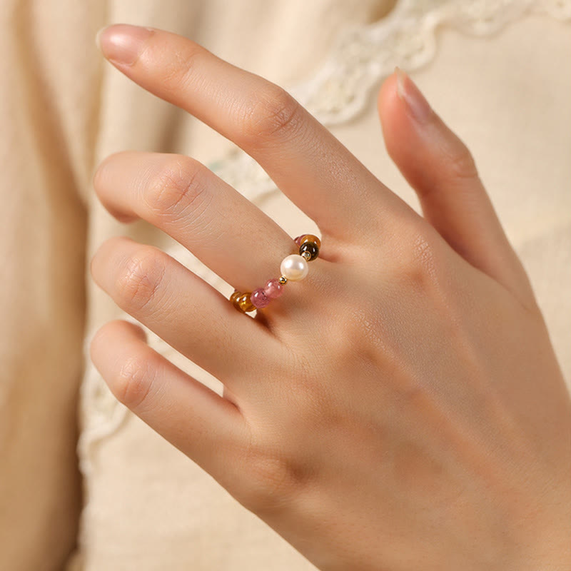 Buddhist Blessing Natural Tourmaline Lucky Pearl Pixiu Amber Positive Love Ring