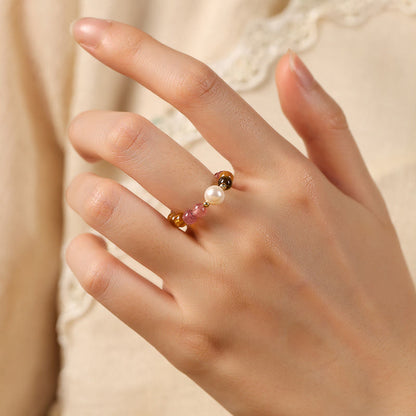 Buddhist Blessing Natural Tourmaline Lucky Pearl Pixiu Amber Positive Love Ring