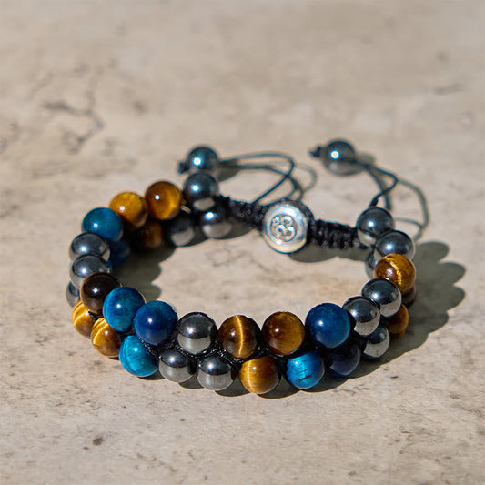 Buddhist Blessing Natural Blue Tiger Eye Black Magnetite Om Pattern Double Row Beads Strength Bracelet