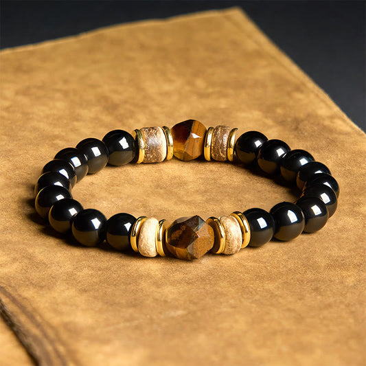 Buddhist Blessing Black Obsidian Beads Sectional Tiger Eye Stone Purification Bracelet