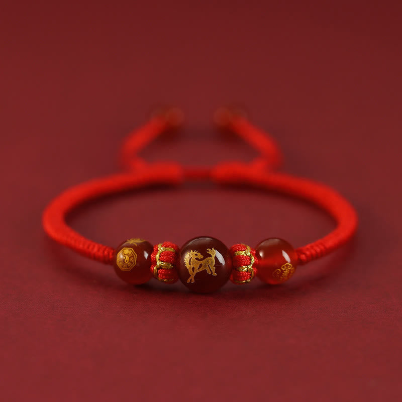 Buddhist Blessing Handmade Red Agate Chinese Zodiac Red String Braided Protection Bracelet