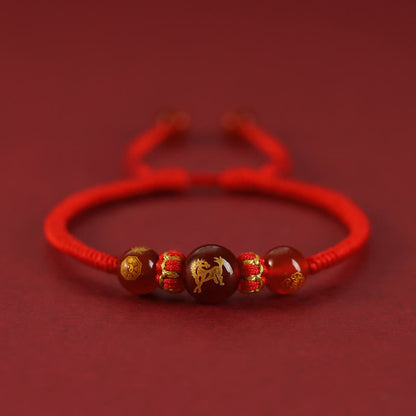 Buddhist Blessing Handmade Red Agate Chinese Zodiac Red String Braided Protection Bracelet