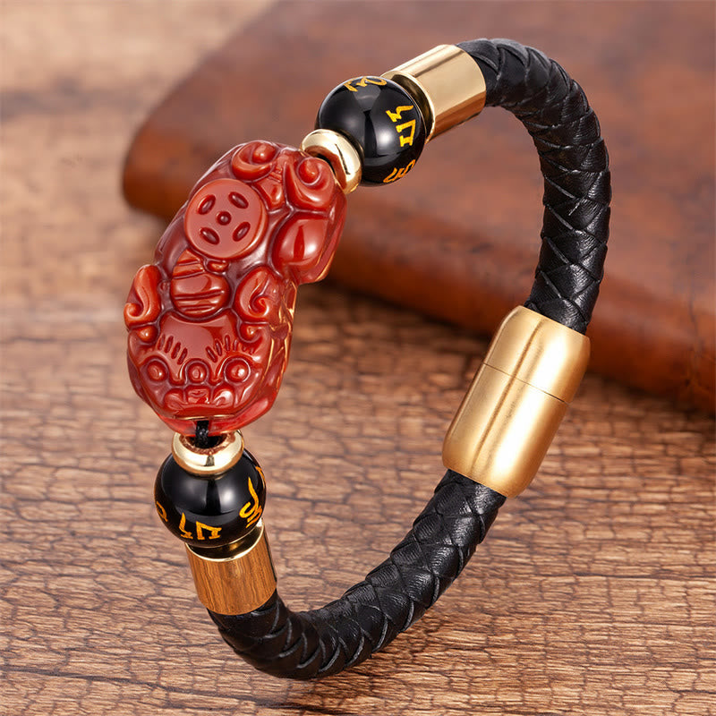 Buddhist Blessing Tiger Eye Black Onyx Red Agate PiXiu Copper Coin Om Mani Padme Hum Strength Leather Bracelet
