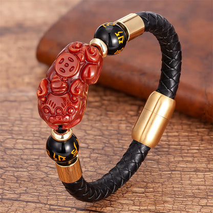Buddhist Blessing Tiger Eye Black Onyx Red Agate PiXiu Copper Coin Om Mani Padme Hum Strength Leather Bracelet