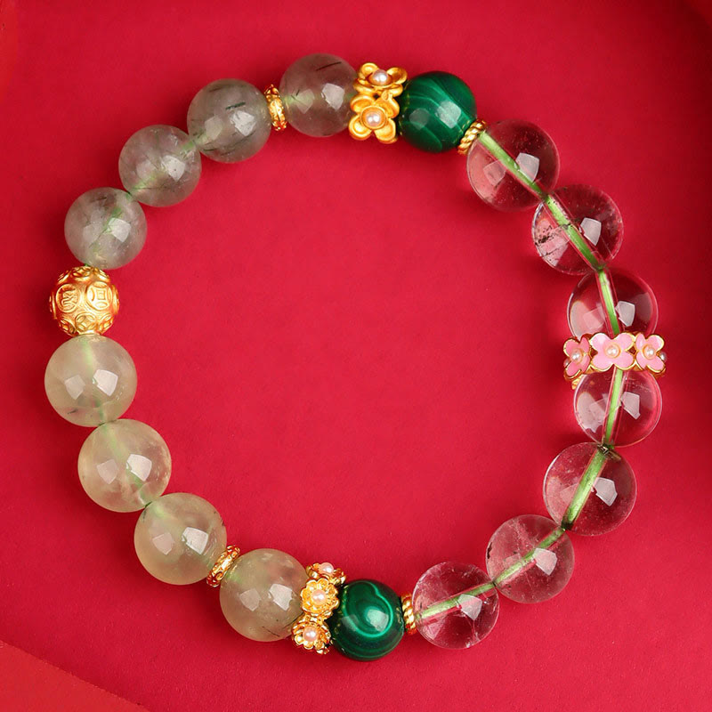 Buddhist Blessing Five Elements Various Agate Crystal Green Phantom Rutilated Quartz Green Grape Agate Malachite Luck Bracelet