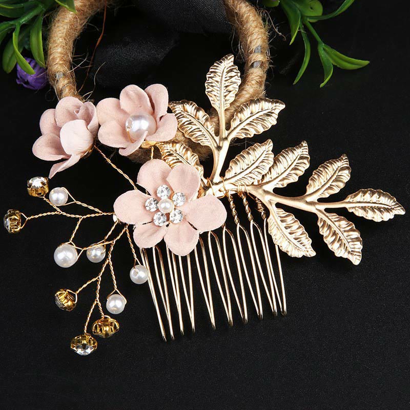Buddhist Blessing 4Pcs Handmade Wedding Golden Leaf Flower Pearl Hairpin Hair Comb Set