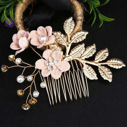 Buddhist Blessing 4Pcs Handmade Wedding Golden Leaf Flower Pearl Hairpin Hair Comb Set