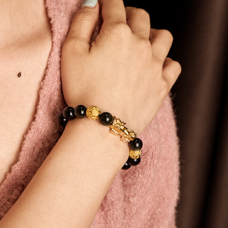 Buddhist Blessing Natural Gold Sheen Obsidian PiXiu Om Mani Padme Hum Wealth Bracelet