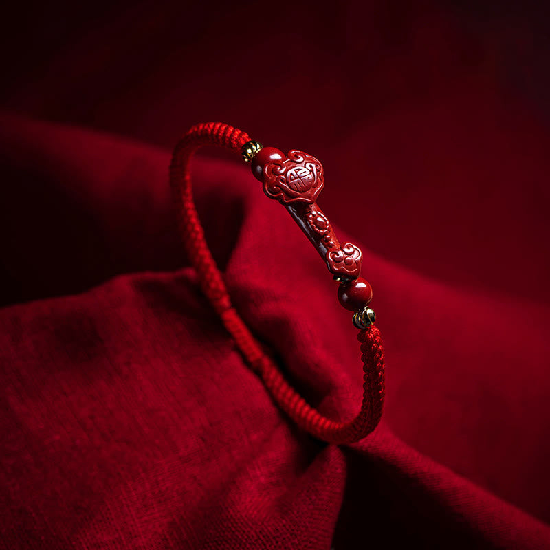 Buddhist Blessing Handmade Cinnabar Ruyi Handle Fu Character PiXiu Blessing Red String Braided Bracelet