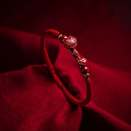Buddhist Blessing Handmade Cinnabar Ruyi Handle Fu Character PiXiu Blessing Red String Braided Bracelet