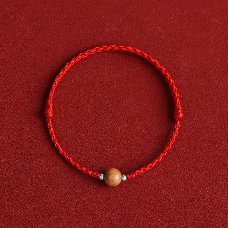 Buddhist Blessing Natural Peach Wood Bead Luck Braided Bracelet Anklet