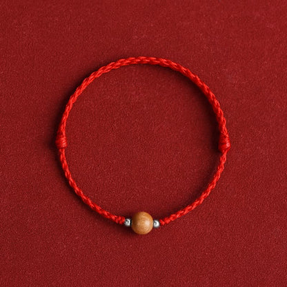 Buddhist Blessing Natural Peach Wood Bead Luck Braided Bracelet Anklet