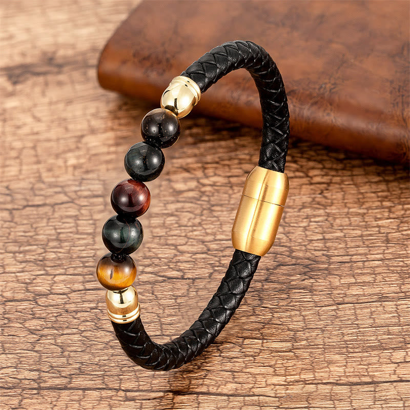 Buddhist Blessing Blue Agate Tiger Eye Lava Rock Black Onyx Lazurite Bead Protection Leather Bracelet