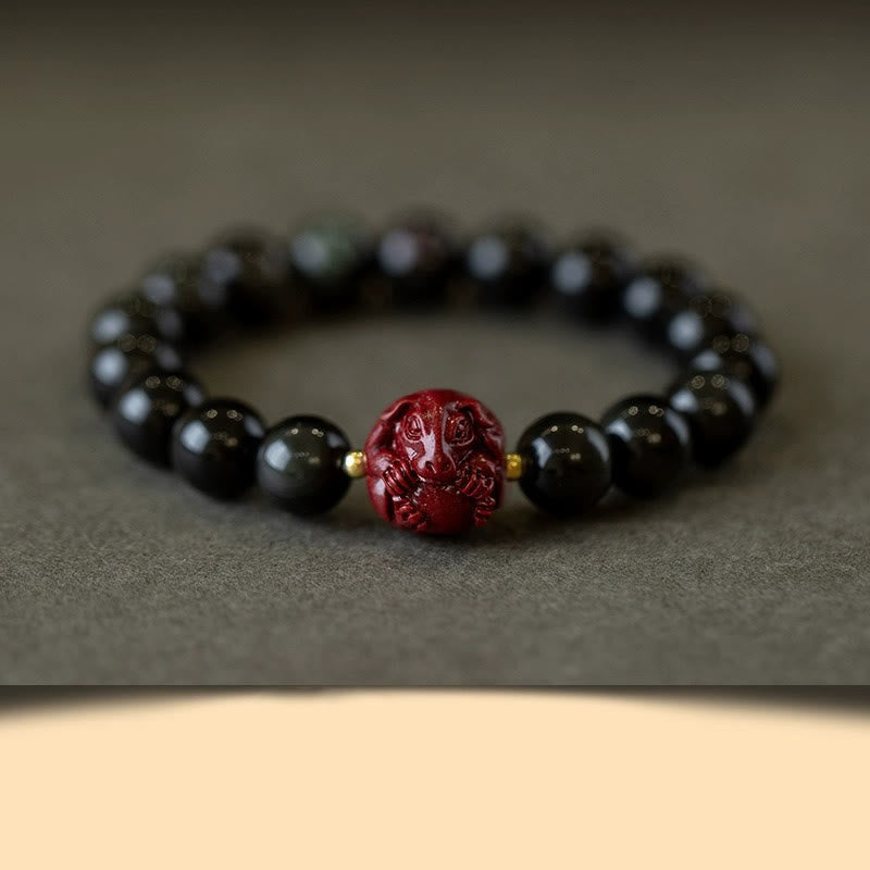 Buddhist Blessing Chinese Zodiac Natural Black Obsidian Cinnabar Purification Bracelet