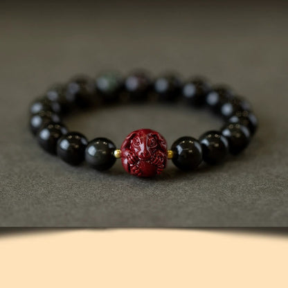 Buddhist Blessing Chinese Zodiac Natural Black Obsidian Cinnabar Purification Bracelet